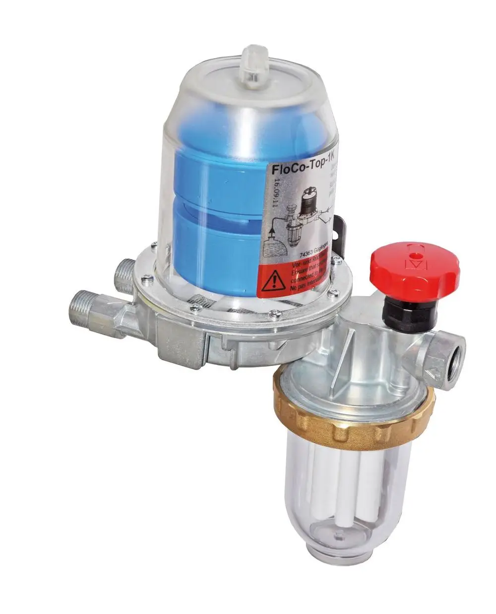 Ölfilter mit Entlüfter von Remeha, ausgestattet mit einem transparenten Behälter zur Filtration und einem Druckregulierungsmechanismus.
